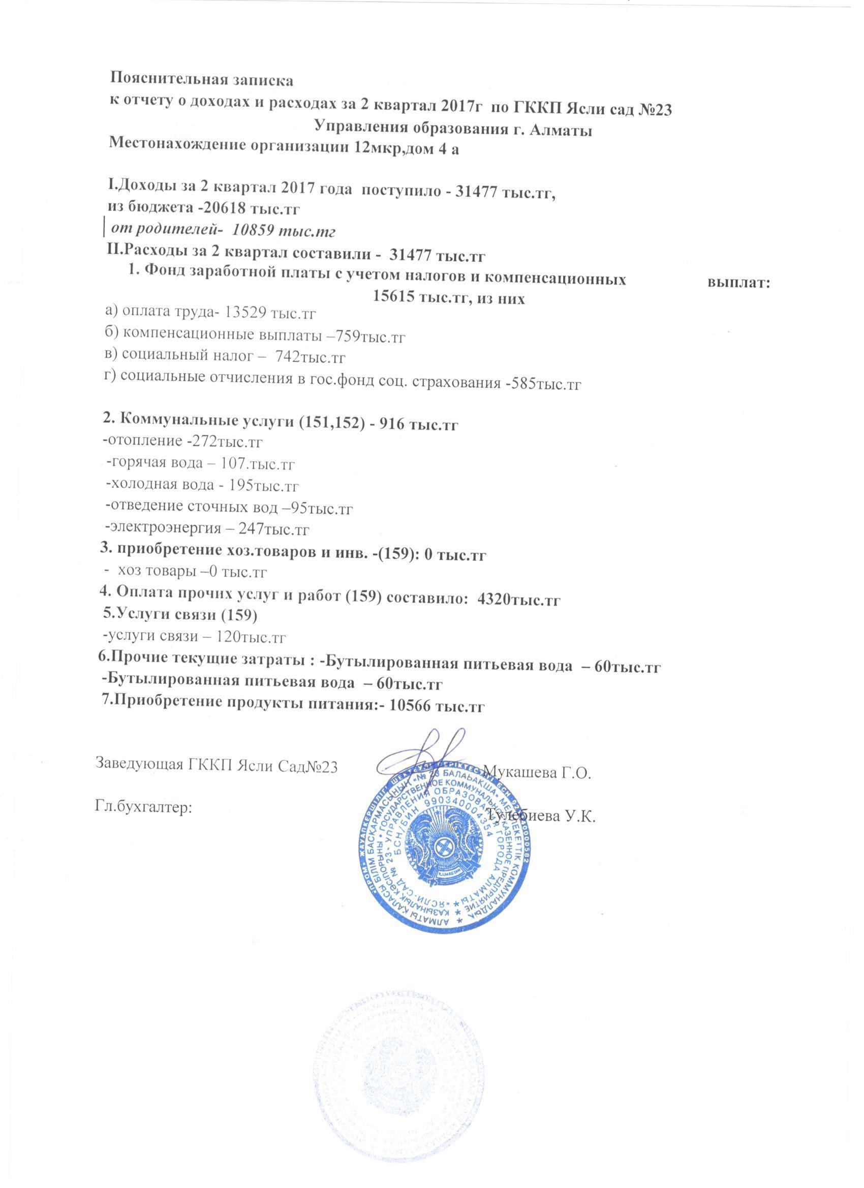 отчет о доходах и расходах за 2 квартал 2017 года