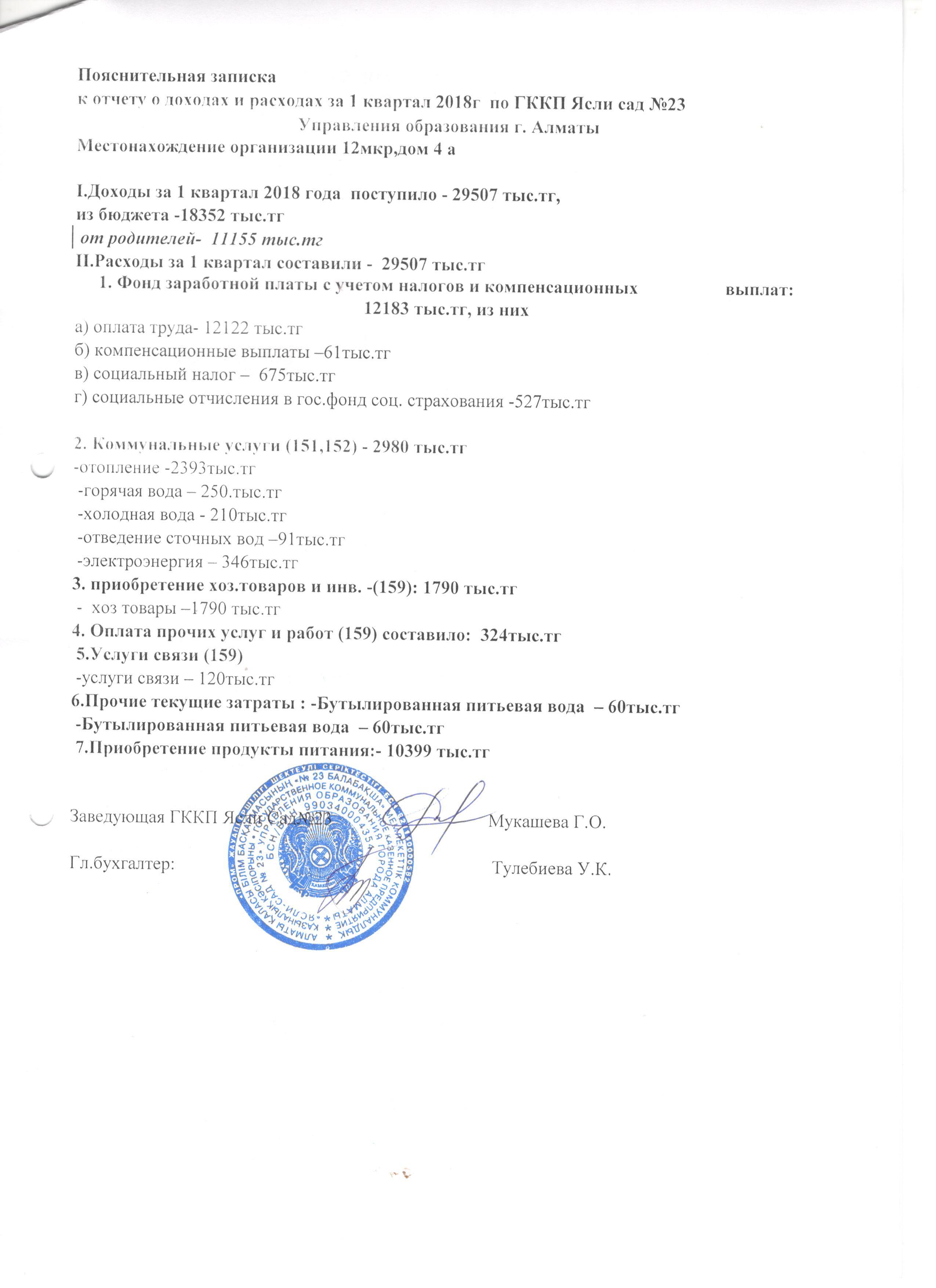 Отчет о доходах и расходах за 1 кв. 2018года.
