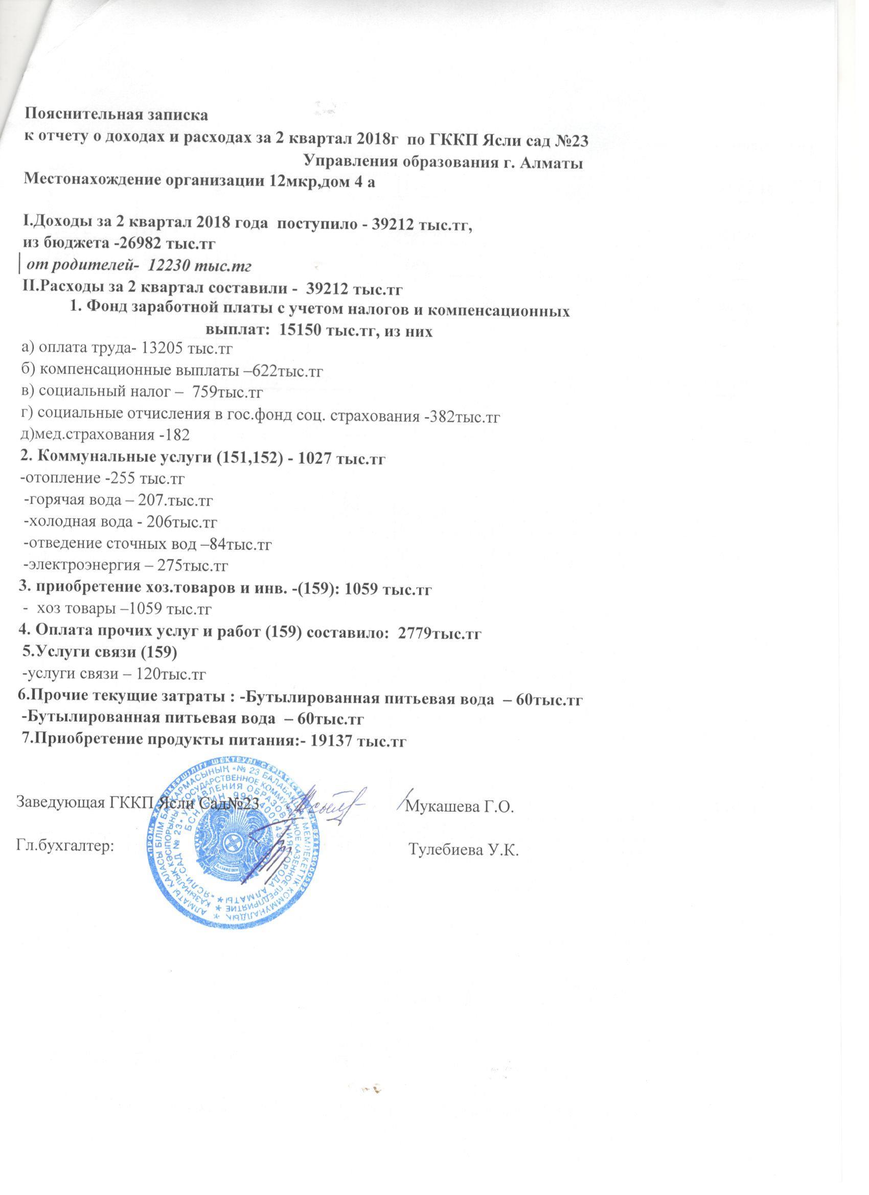 Отчет о доходах и расходах за 2 кв. 2018года.
