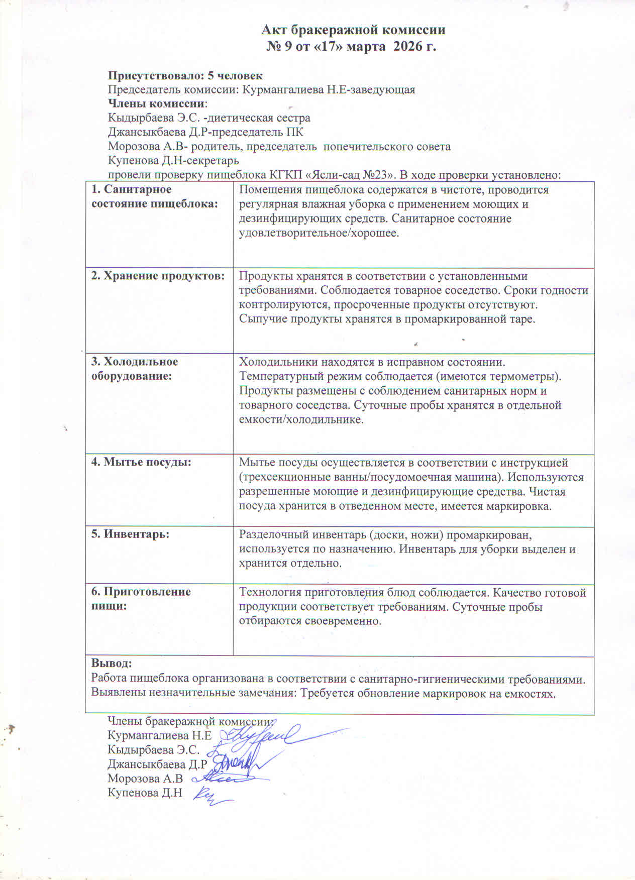 Бракераждық комиссияның жұмысы.Работа бракеражной комиссии.